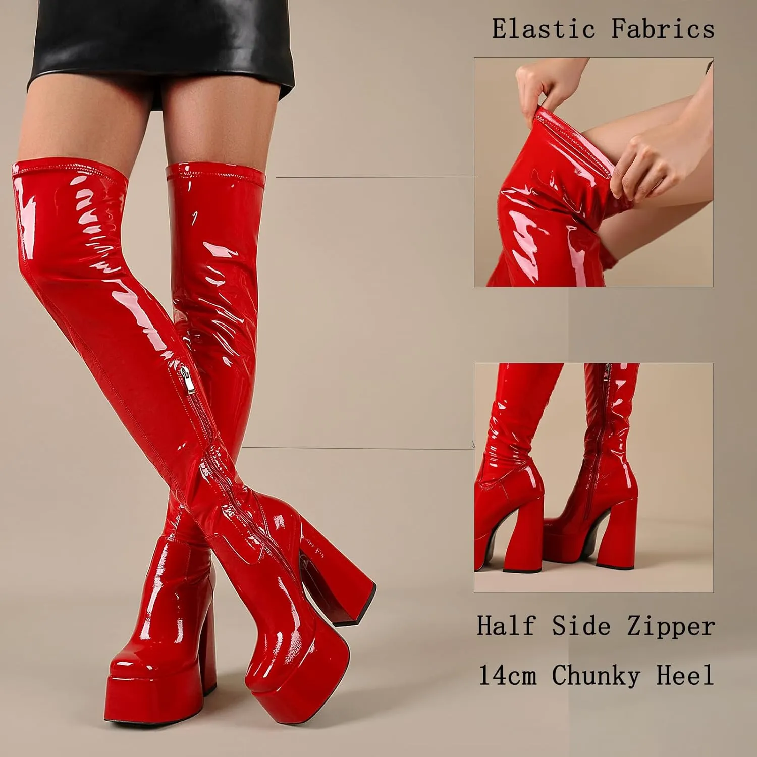 LanreyTaley Platform Thigh High Boots for Women Chunky Block Heels Over The Knee Boots Stretch Go-Go Boot Square Toe Party Boots with Zipper