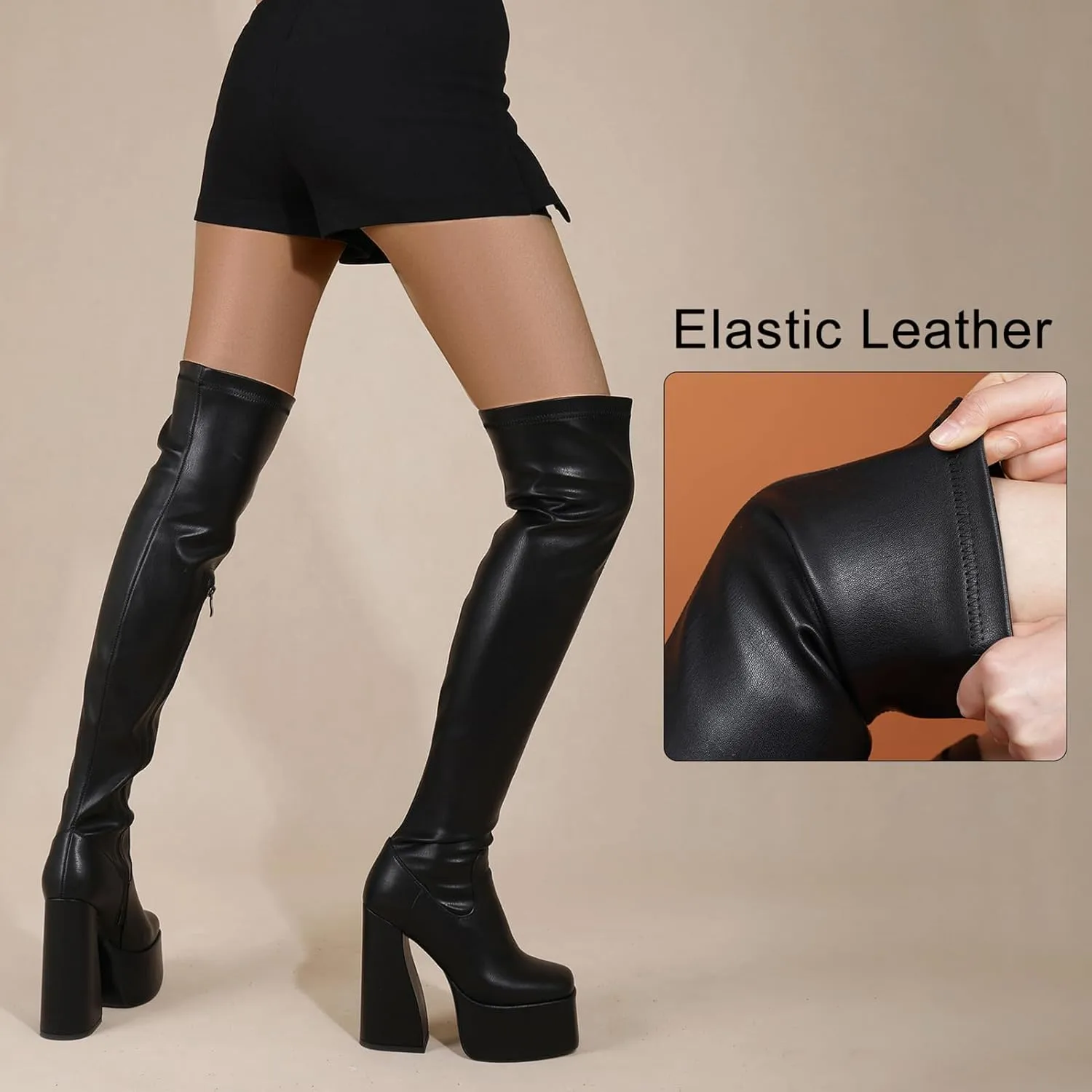 LanreyTaley Platform Thigh High Boots for Women Chunky Block Heels Over The Knee Boots Stretch Go-Go Boot Square Toe Party Boots with Zipper
