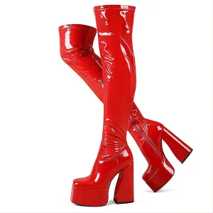 LanreyTaley Platform Thigh High Boots for Women Chunky Block Heels Over The Knee Boots Stretch Go-Go Boot Square Toe Party Boots with Zipper