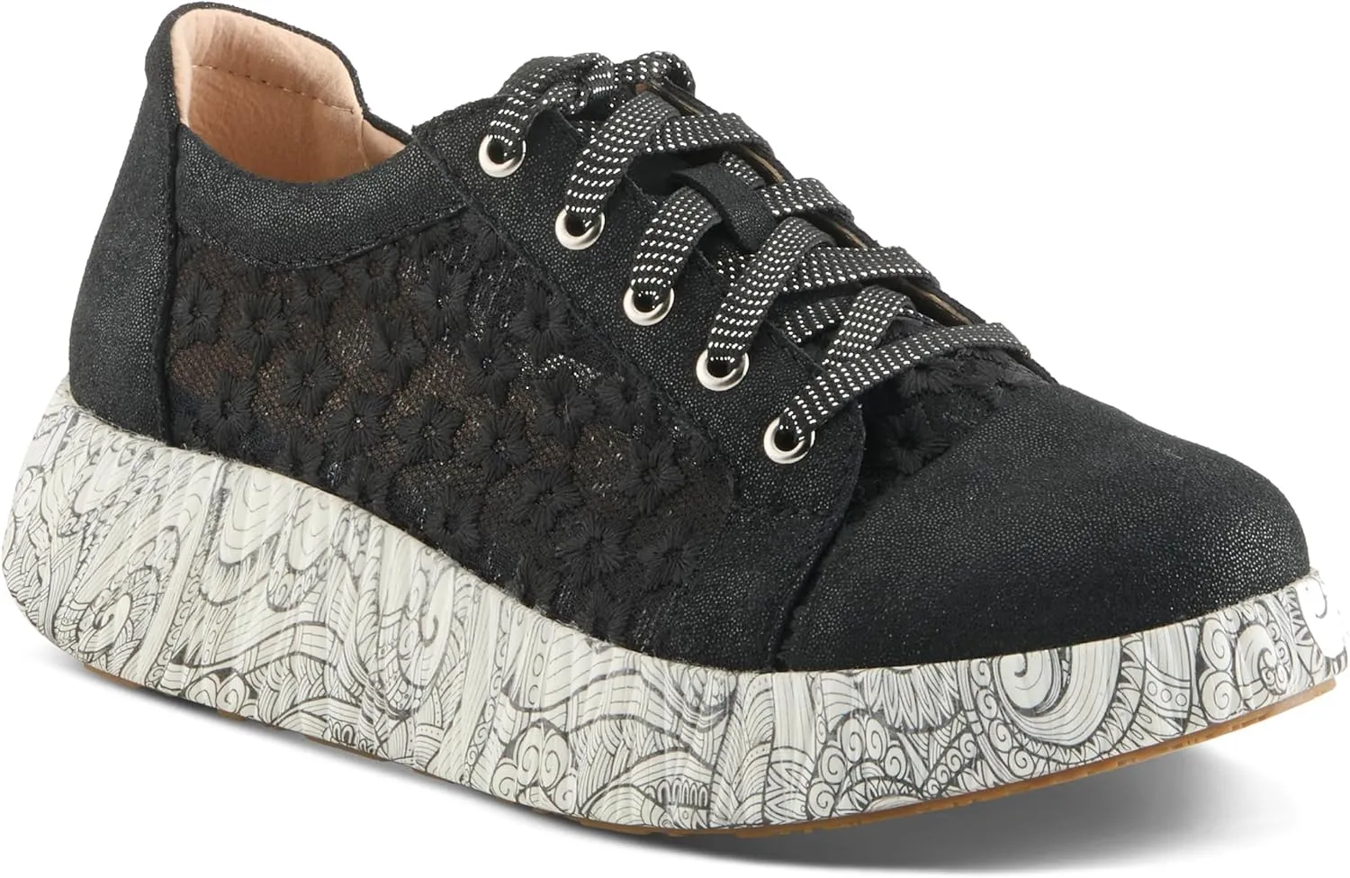 L'Artiste Women's SNEAKHEART Lace-Up Sneakers – Metallic Floral Embroidery, Breathable Mesh, Removable Insole, Street-Chic Design