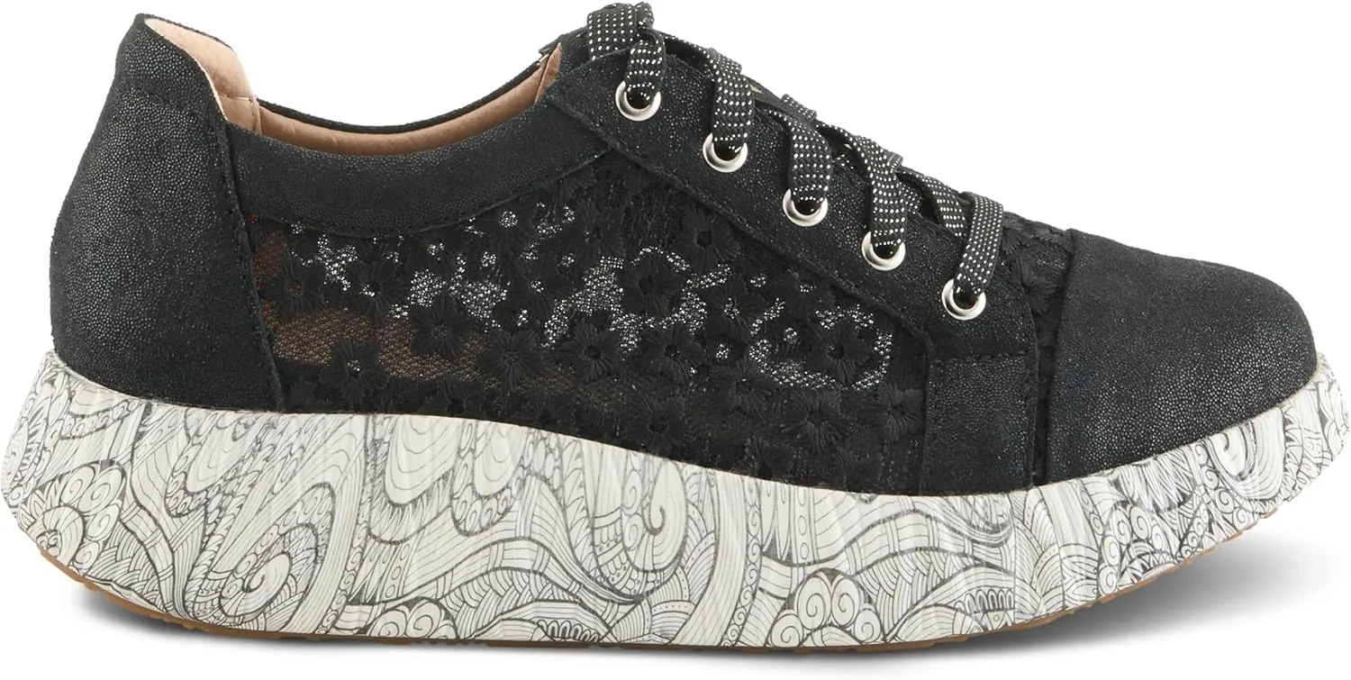 L'Artiste Women's SNEAKHEART Lace-Up Sneakers – Metallic Floral Embroidery, Breathable Mesh, Removable Insole, Street-Chic Design
