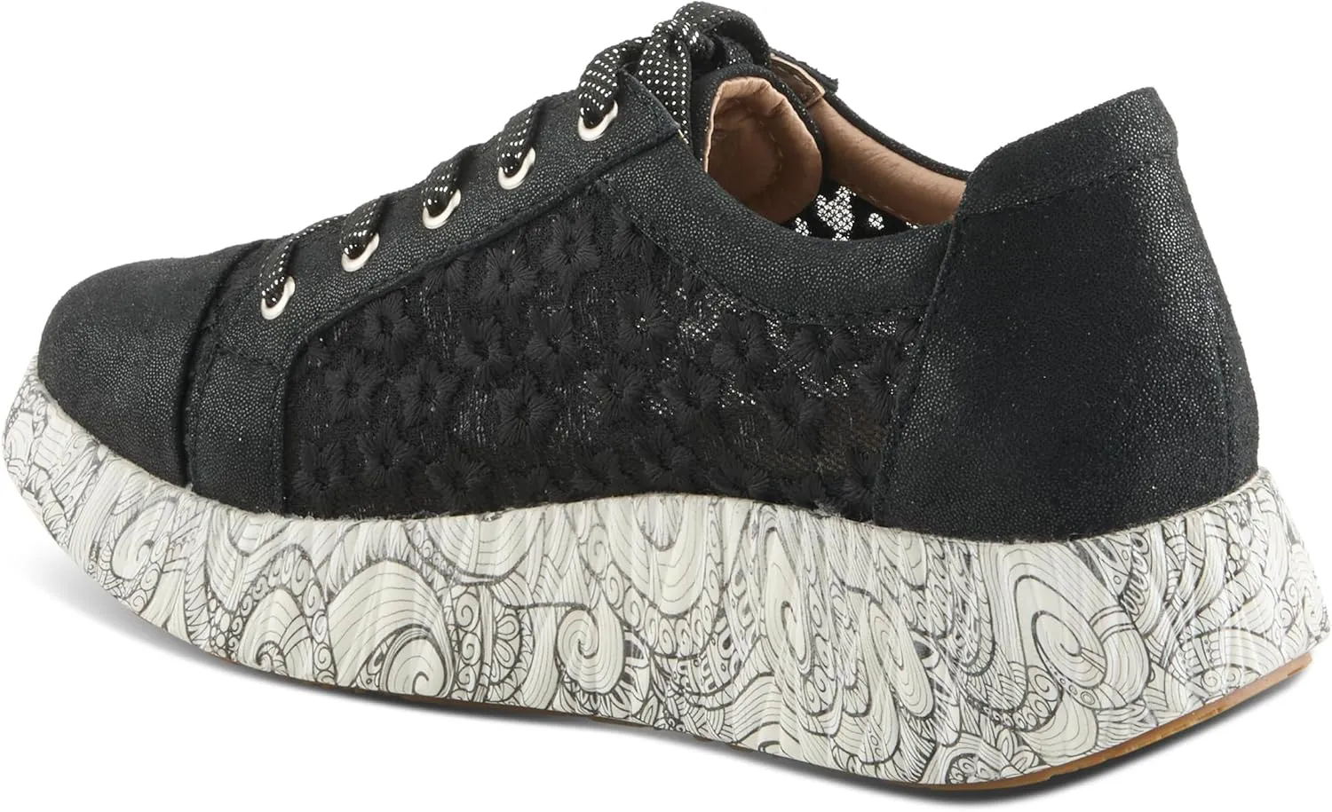L'Artiste Women's SNEAKHEART Lace-Up Sneakers – Metallic Floral Embroidery, Breathable Mesh, Removable Insole, Street-Chic Design
