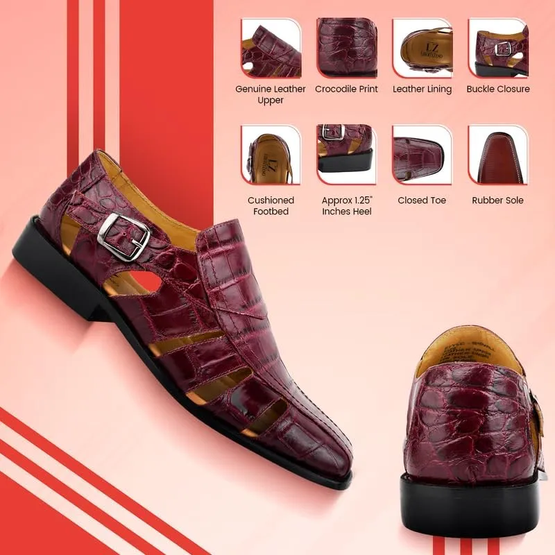LIBERTYZENO Mens Fisherman Closed Toe Sandals Crocodile Print Genuine Leather Buckle Closure Casual Dress Shoes