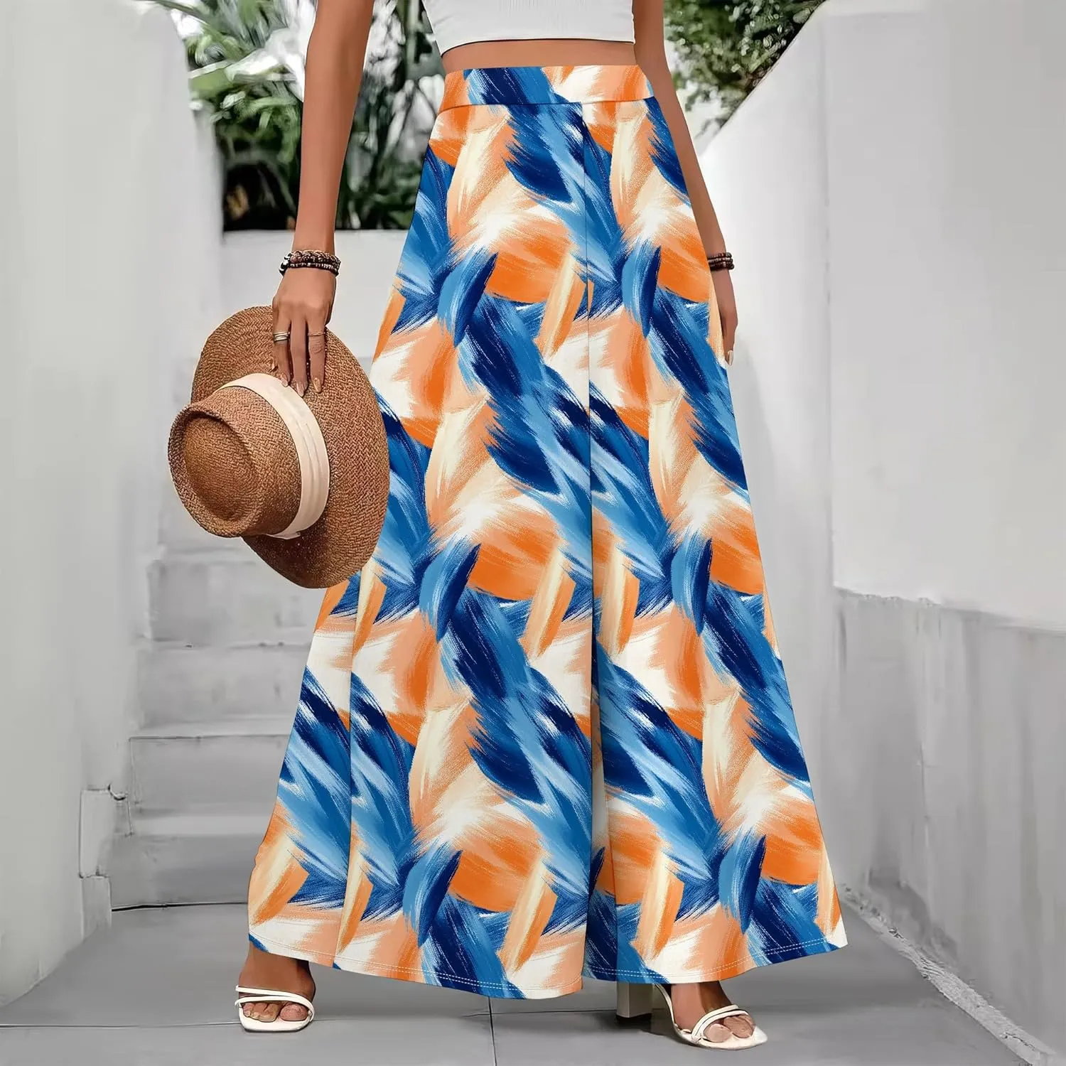 LOAIHA Women's Palazzo Pants High Waist Wide Leg Pants Artistic Loose Trousers Casual Summer Holiday Loose Fit Trousers
