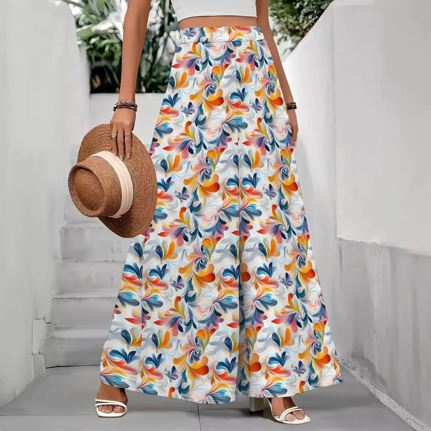 LOAIHA Women's Palazzo Pants High Waist Wide Leg Pants Artistic Loose Trousers Casual Summer Holiday Loose Fit Trousers
