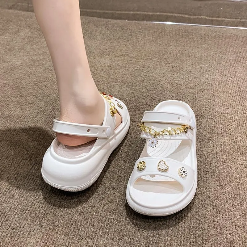 Loizziuy Women's Summer Floral Round-Toe Slip-On Sandals with Metal Chain Detail Thick Sole Boho Fairy Indoor Outdoor Slippers