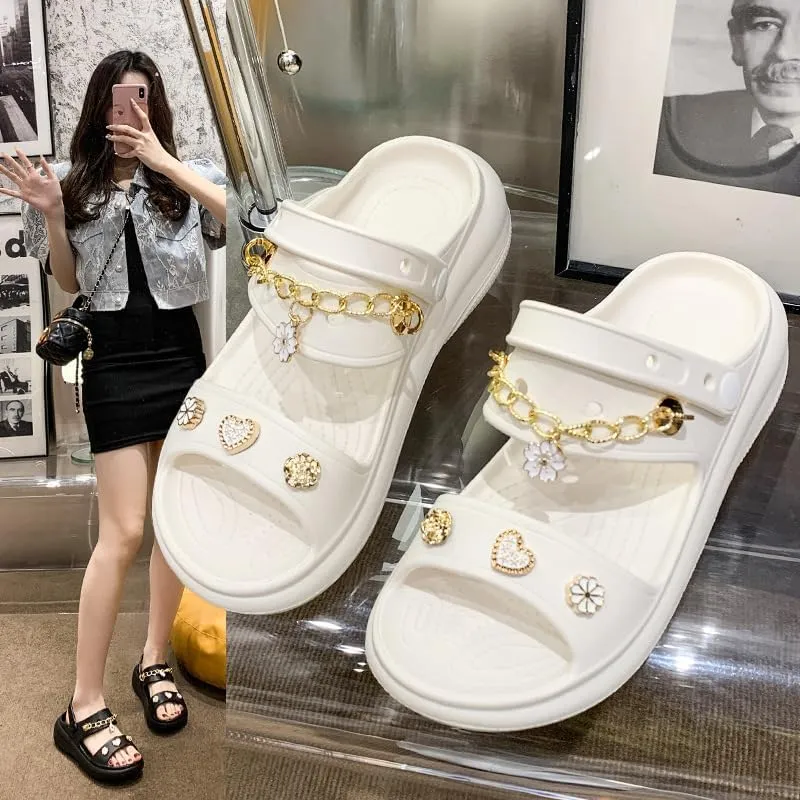 Loizziuy Women's Summer Floral Round-Toe Slip-On Sandals with Metal Chain Detail Thick Sole Boho Fairy Indoor Outdoor Slippers