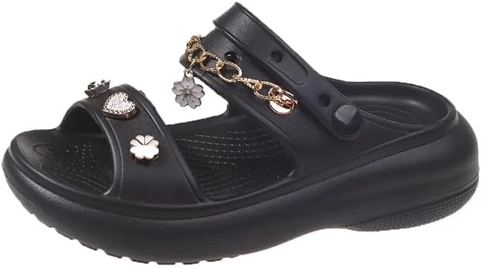 Loizziuy Women's Summer Floral Round-Toe Slip-On Sandals with Metal Chain Detail Thick Sole Boho Fairy Indoor Outdoor Slippers