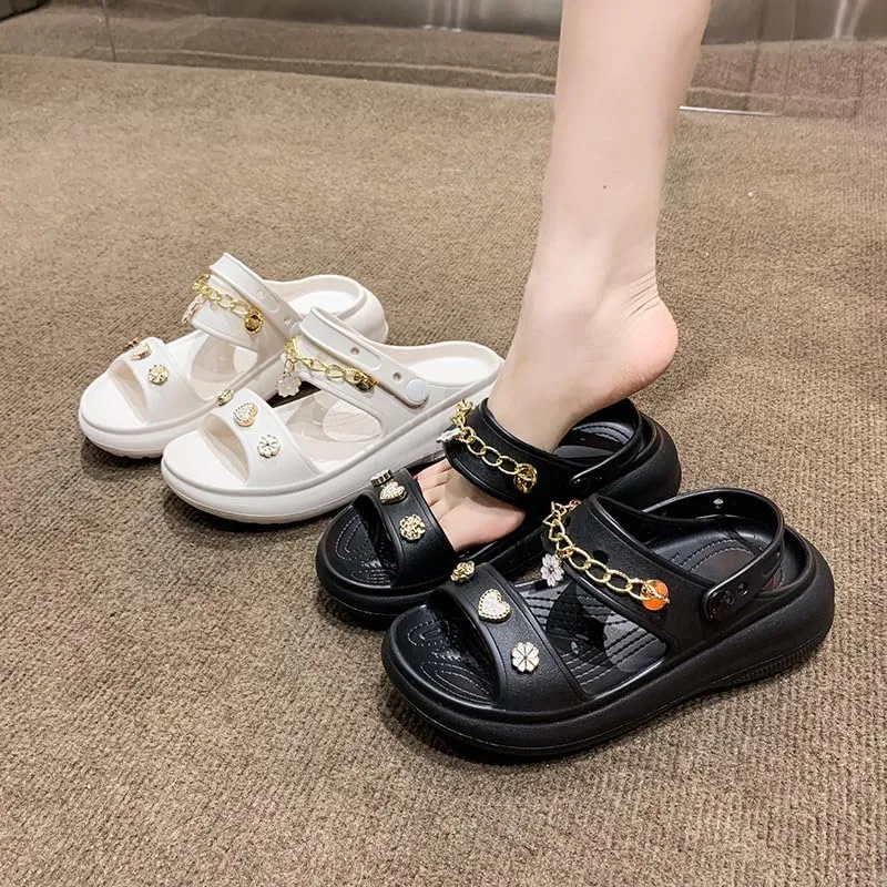 Loizziuy Women's Summer Floral Round-Toe Slip-On Sandals with Metal Chain Detail Thick Sole Boho Fairy Indoor Outdoor Slippers