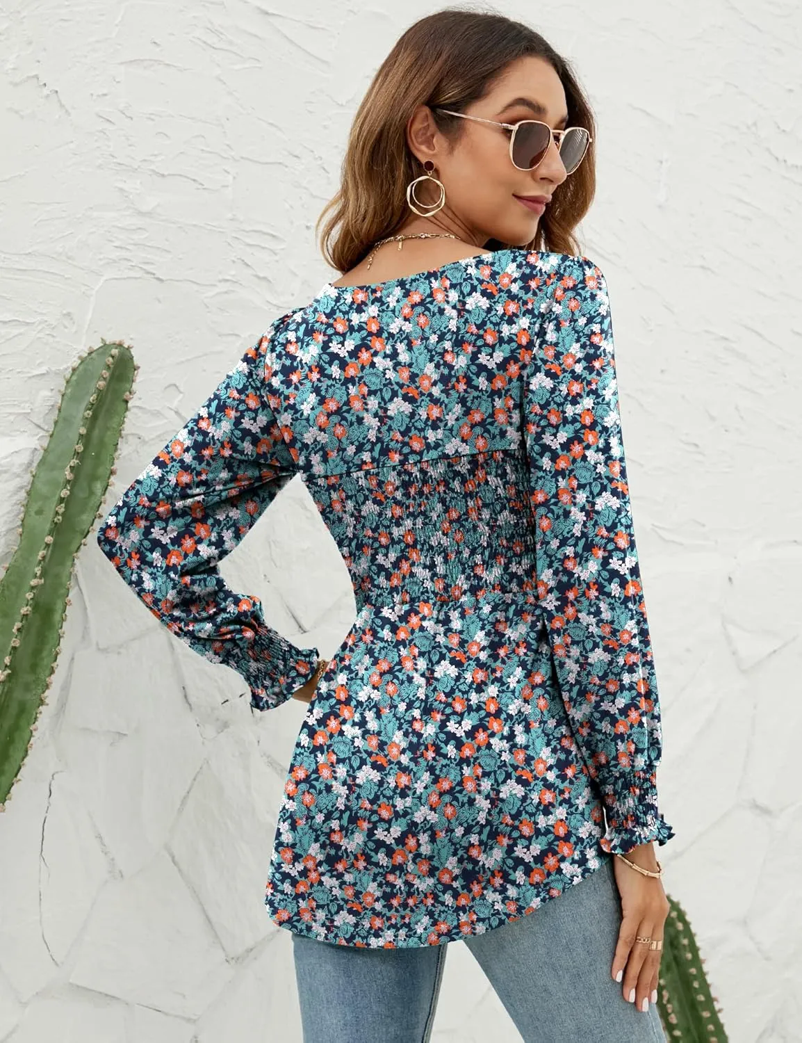 LOMON Blouses for Women Puff Long Sleeve Shirts Square Neck Casual Smocked Tunic Tops 2024 Spring Fall Winter Clothes S-XL