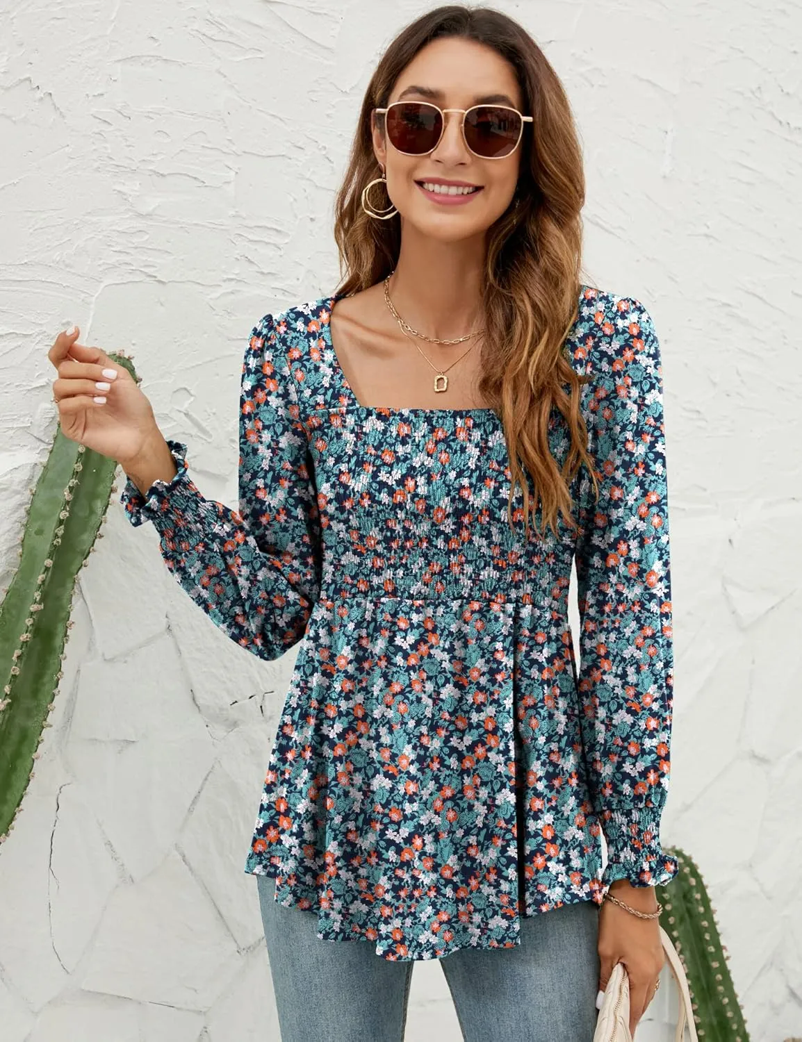 LOMON Blouses for Women Puff Long Sleeve Shirts Square Neck Casual Smocked Tunic Tops 2024 Spring Fall Winter Clothes S-XL