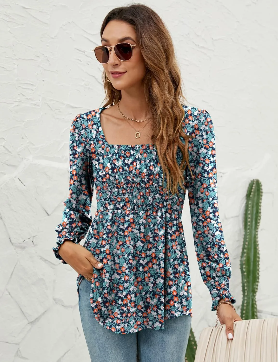 LOMON Blouses for Women Puff Long Sleeve Shirts Square Neck Casual Smocked Tunic Tops 2024 Spring Fall Winter Clothes S-XL
