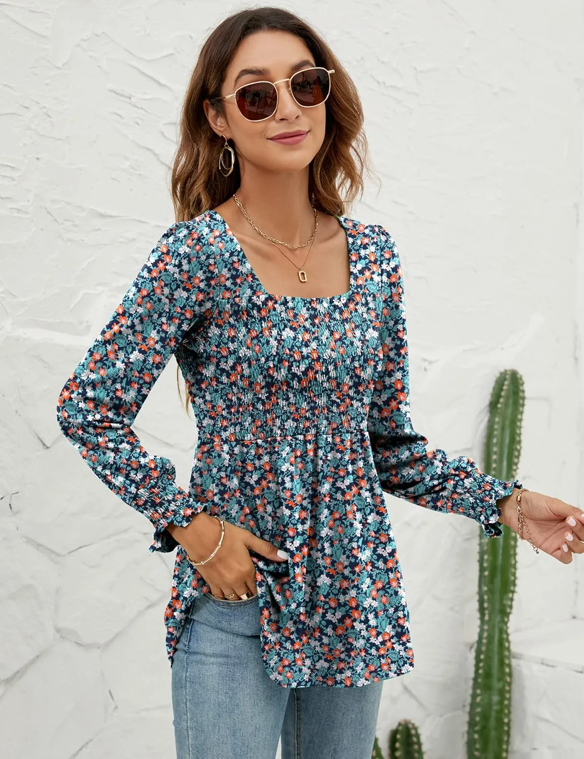 LOMON Blouses for Women Puff Long Sleeve Shirts Square Neck Casual Smocked Tunic Tops 2024 Spring Fall Winter Clothes S-XL