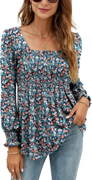 LOMON Blouses for Women Puff Long Sleeve Shirts Square Neck Casual Smocked Tunic Tops 2024 Spring Fall Winter Clothes S-XL