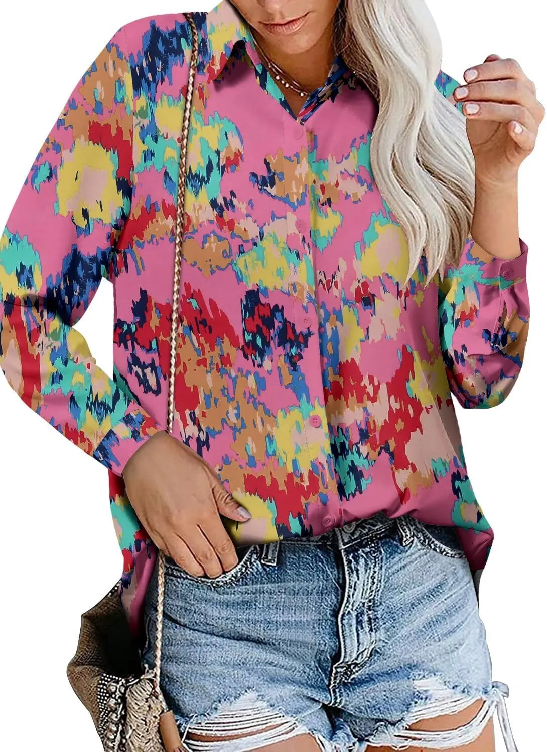 Magritta Women's Shirts Fashion Casual Loose Fit Long Sleeve Button Down Lightweight Collared Blouse Tops