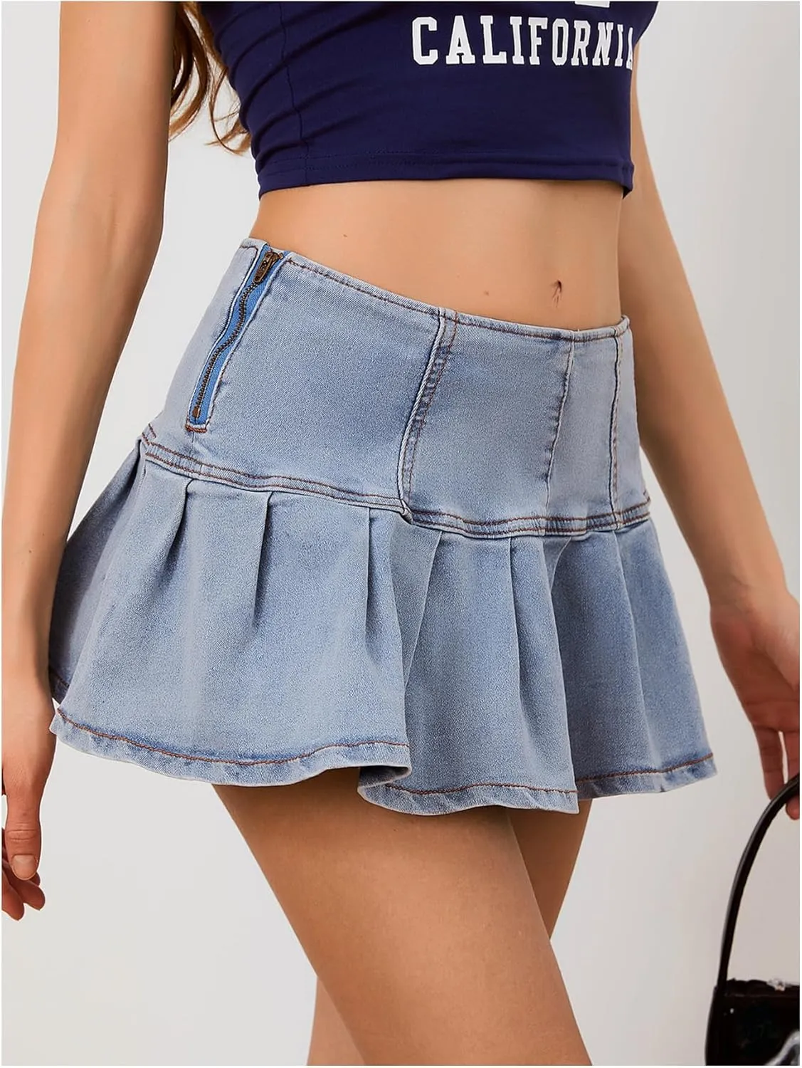 MakeMeChic Women's High Waist Mini Denim Skirt Ruffle Pleated Y2K Short Jean Skirts