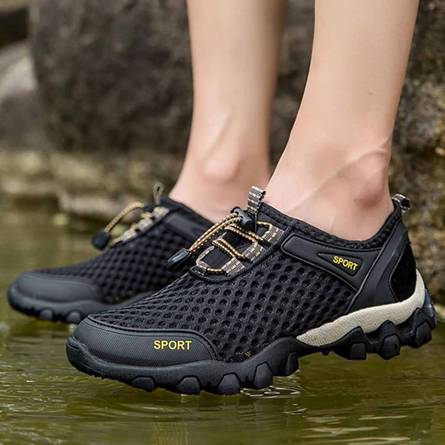 Men Summer Mesh Breathable Hiking Shoes Comfortable Walking Shoes Outdoor Travel Shoes Fashion Casual Sneaker Laces Mens