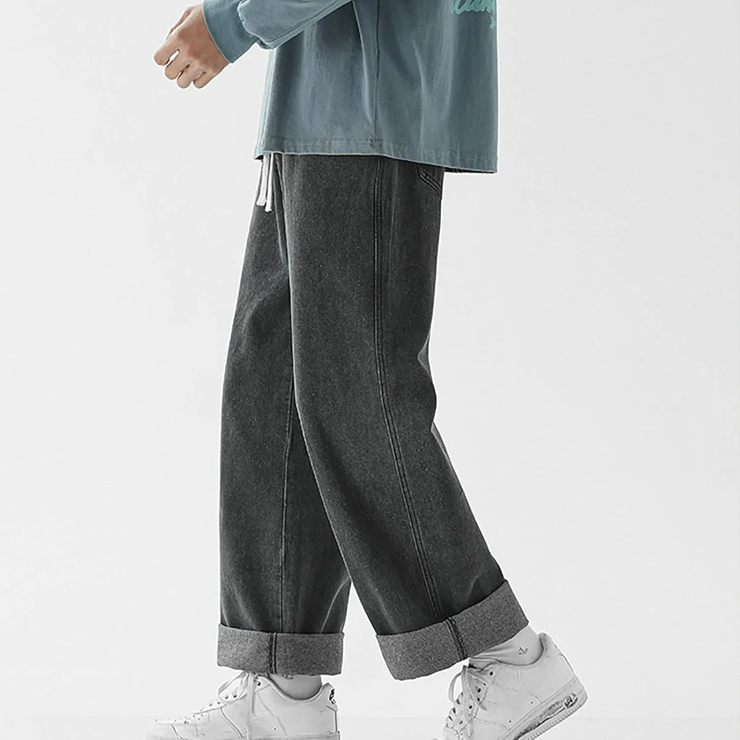 Men's Baggy Hip Hop Jeans Wide Leg Skater Denim Pants Casual Loose Fit Long Trousers Streetwear