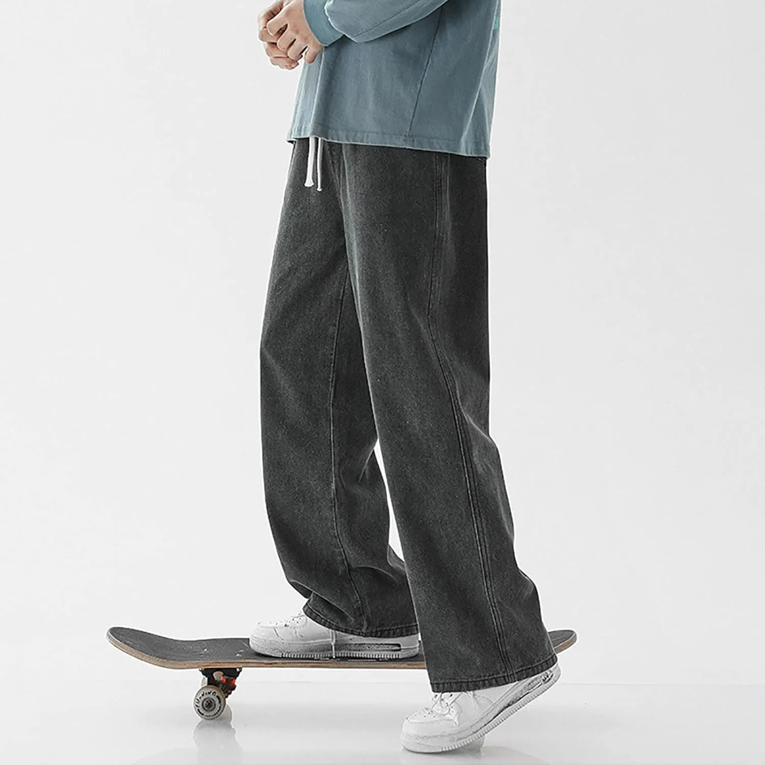 Men's Baggy Hip Hop Jeans Wide Leg Skater Denim Pants Casual Loose Fit Long Trousers Streetwear