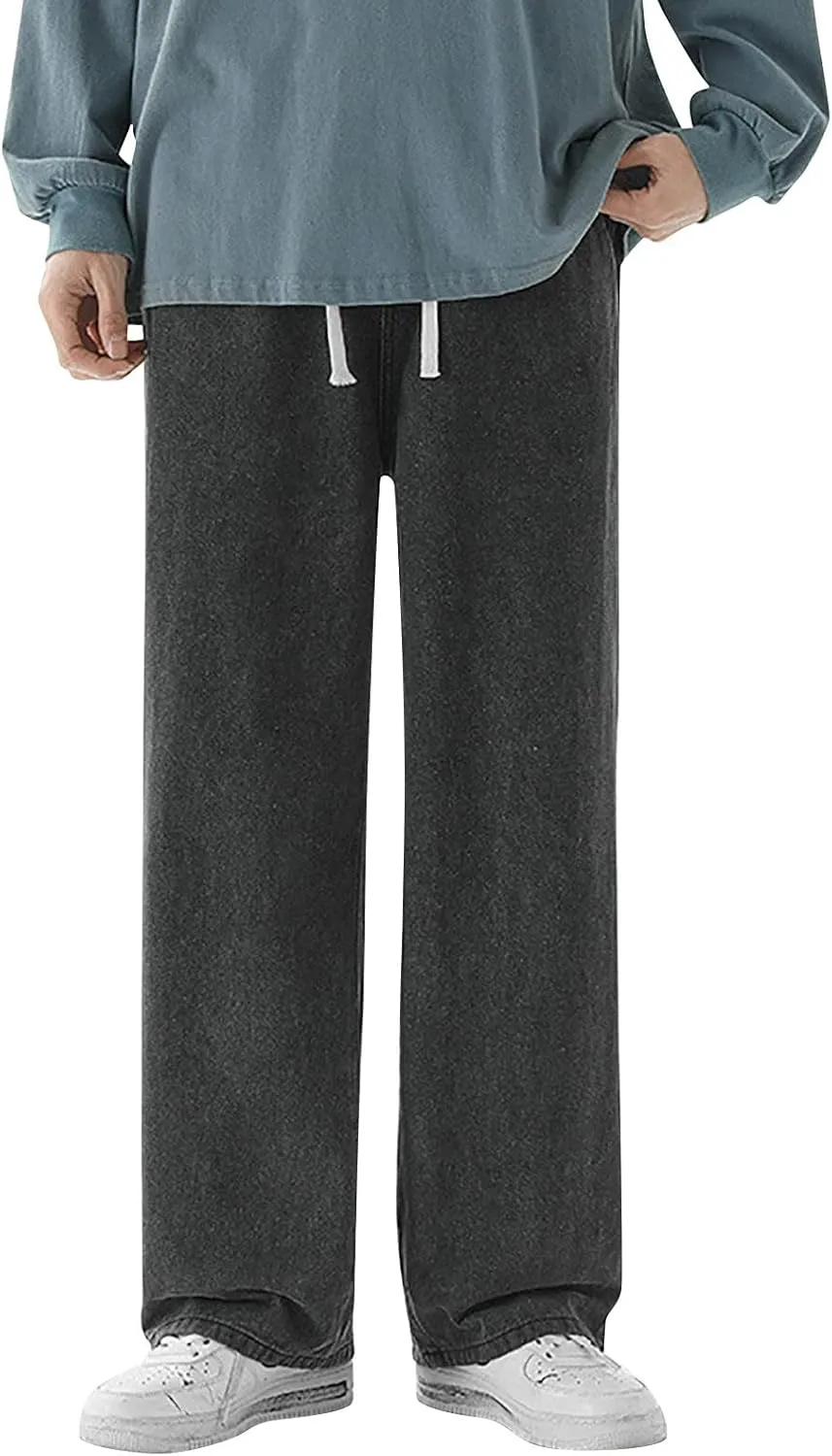 Men's Baggy Hip Hop Jeans Wide Leg Skater Denim Pants Casual Loose Fit Long Trousers Streetwear