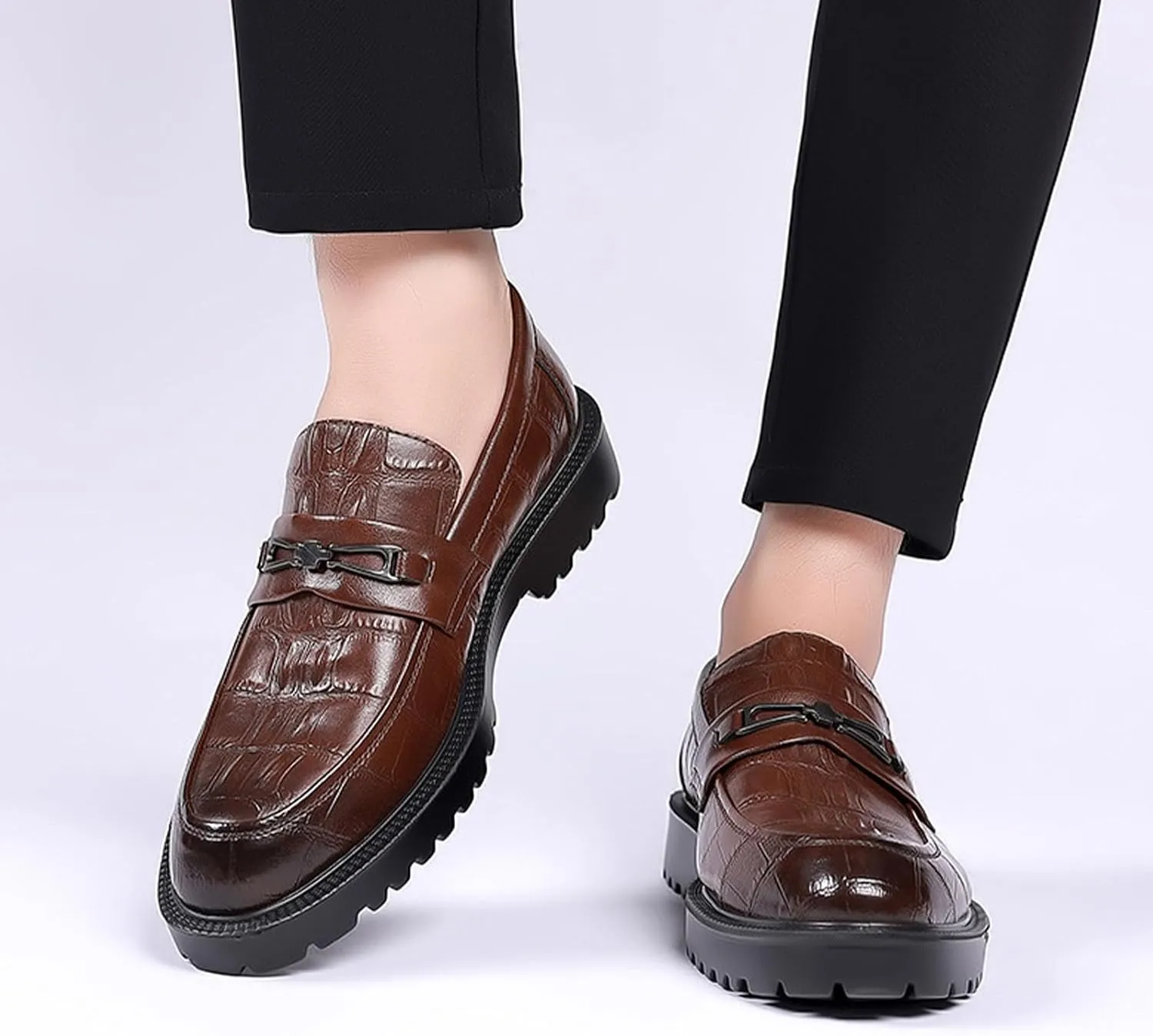 Men's Classic Leather Print Chunky Low Heel Loafers Retro Round Toe Comfortable Lightweight Lug Sole Platform Anti-Slip Low-Top Slip-Ons Business Dress Shoes for Office Party Walking Formal