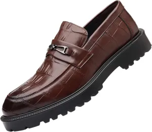 Men's Classic Leather Print Chunky Low Heel Loafers Retro Round Toe Comfortable Lightweight Lug Sole Platform Anti-Slip Low-Top Slip-Ons Business Dress Shoes for Office Party Walking Formal