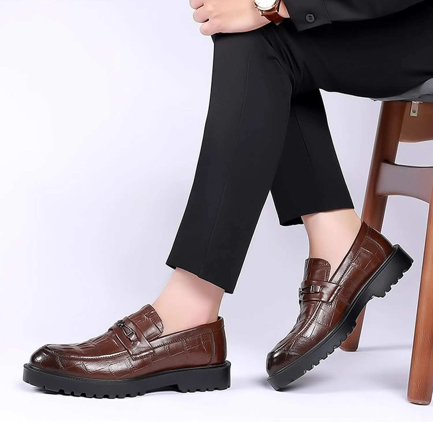 Men's Classic Leather Print Chunky Low Heel Loafers Retro Round Toe Comfortable Lightweight Lug Sole Platform Anti-Slip Low-Top Slip-Ons Business Dress Shoes for Office Party Walking Formal