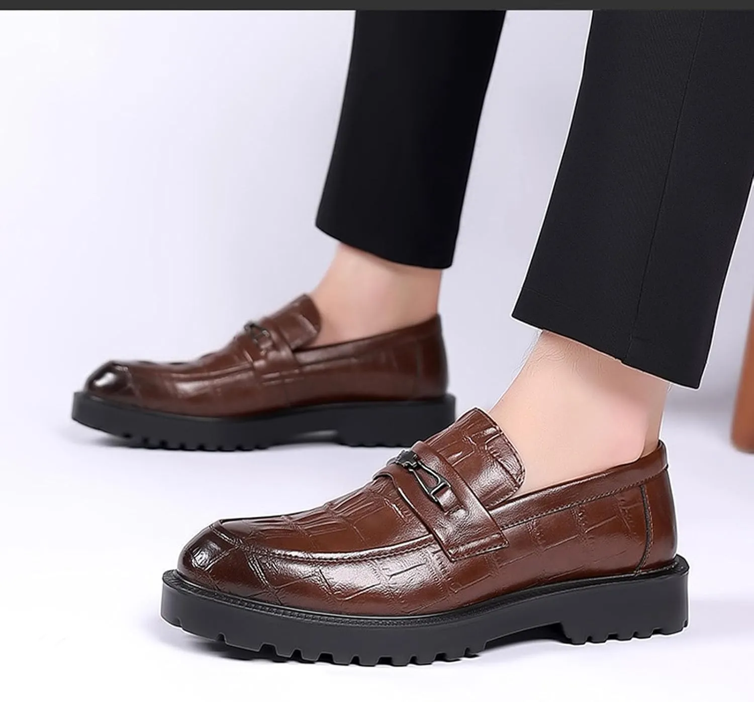 Men's Classic Leather Print Chunky Low Heel Loafers Retro Round Toe Comfortable Lightweight Lug Sole Platform Anti-Slip Low-Top Slip-Ons Business Dress Shoes for Office Party Walking Formal