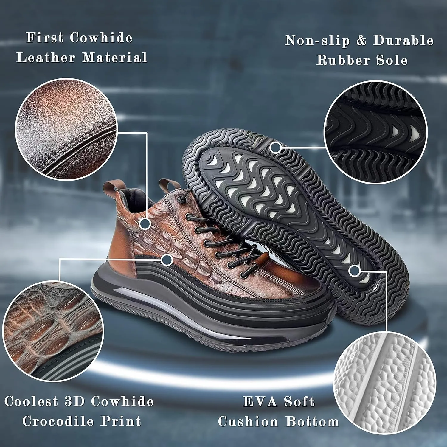 Men's Cowhide Animal Print Sneakers Air Cushion High-Top Height Lifting Non-Slip Lace Up Casual Shoes (Brown,7)