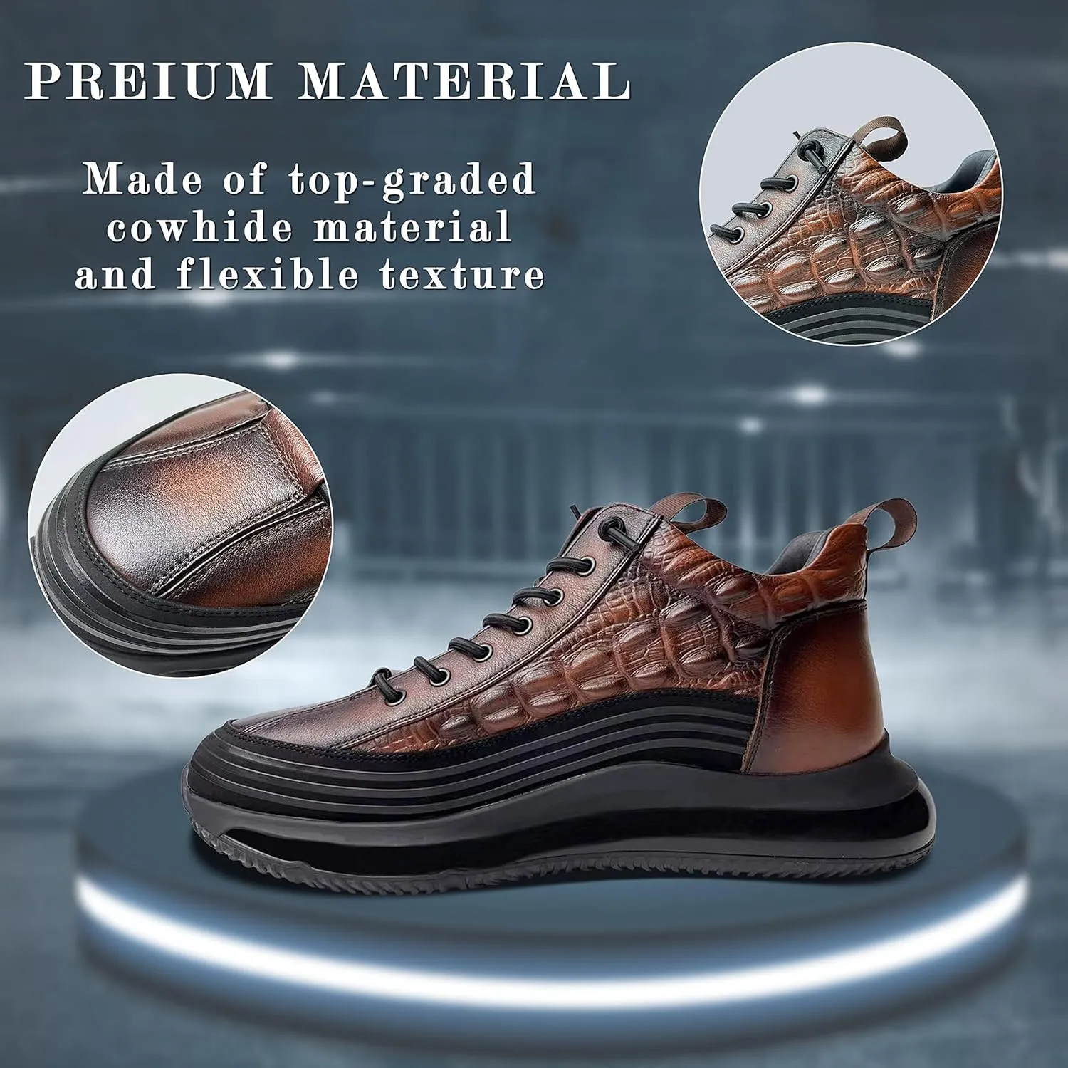 Men's Cowhide Animal Print Sneakers Air Cushion High-Top Height Lifting Non-Slip Lace Up Casual Shoes (Brown,7)