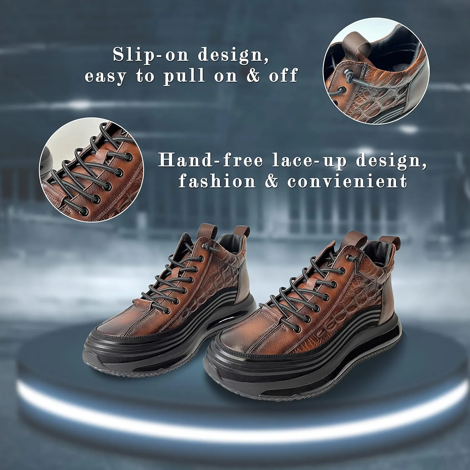 Men's Cowhide Animal Print Sneakers Air Cushion High-Top Height Lifting Non-Slip Lace Up Casual Shoes (Brown,7)