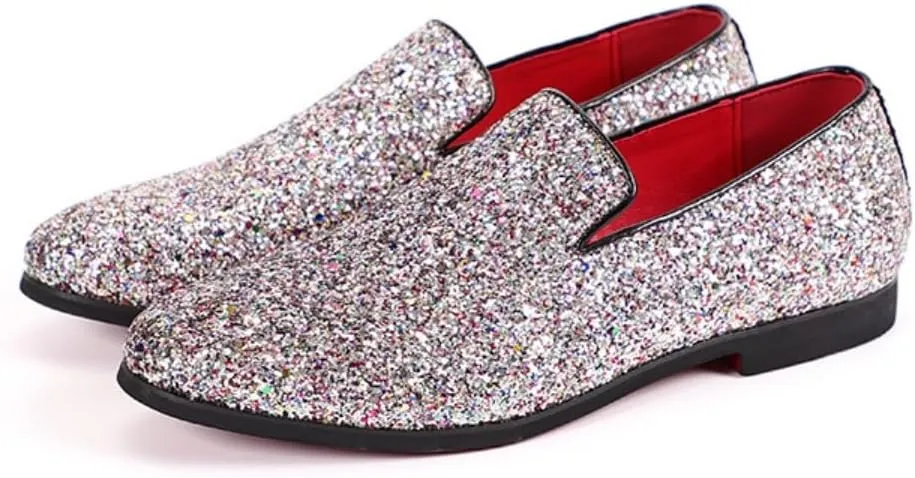 Men's Leather Round Toe Sequined Loafers Slip-On Glitter Fashion Sparkly Casual Shoes Dress Shoes for Prom Party Dating
