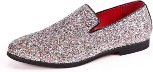 Men's Leather Round Toe Sequined Loafers Slip-On Glitter Fashion Sparkly Casual Shoes Dress Shoes for Prom Party Dating