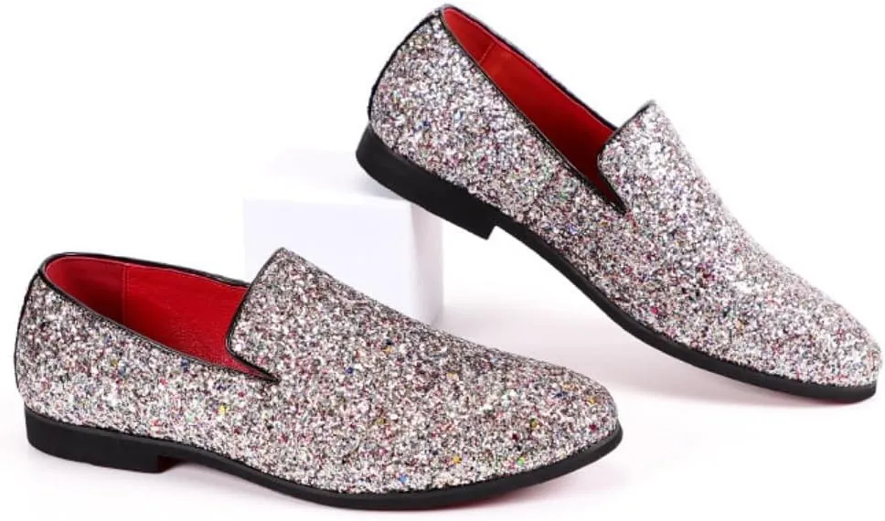 Men's Leather Round Toe Sequined Loafers Slip-On Glitter Fashion Sparkly Casual Shoes Dress Shoes for Prom Party Dating