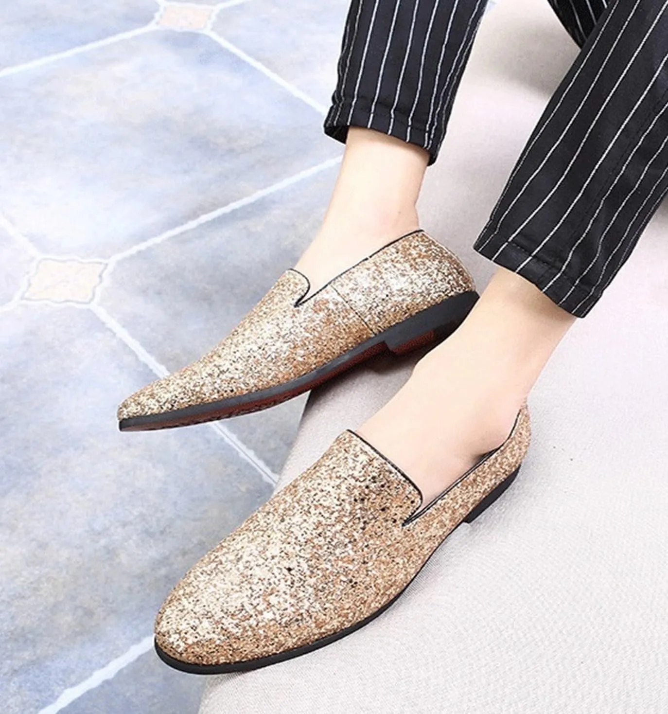 Men's Leather Round Toe Sequined Loafers Slip-On Glitter Fashion Sparkly Casual Shoes Dress Shoes for Prom Party Dating