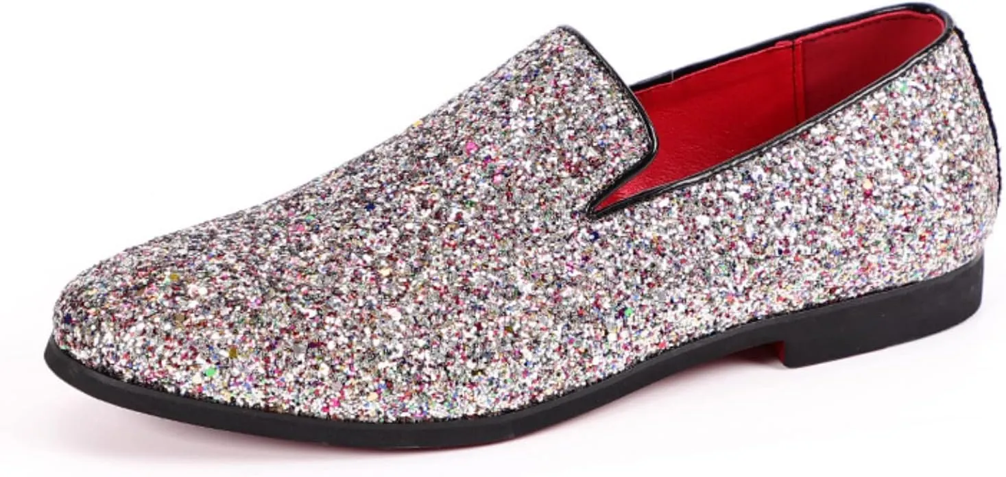 Men's Leather Round Toe Sequined Loafers Slip-On Glitter Fashion Sparkly Casual Shoes Dress Shoes for Prom Party Dating