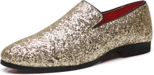 Men's Leather Round Toe Sequined Loafers Slip-On Glitter Fashion Sparkly Casual Shoes Dress Shoes for Prom Party Dating