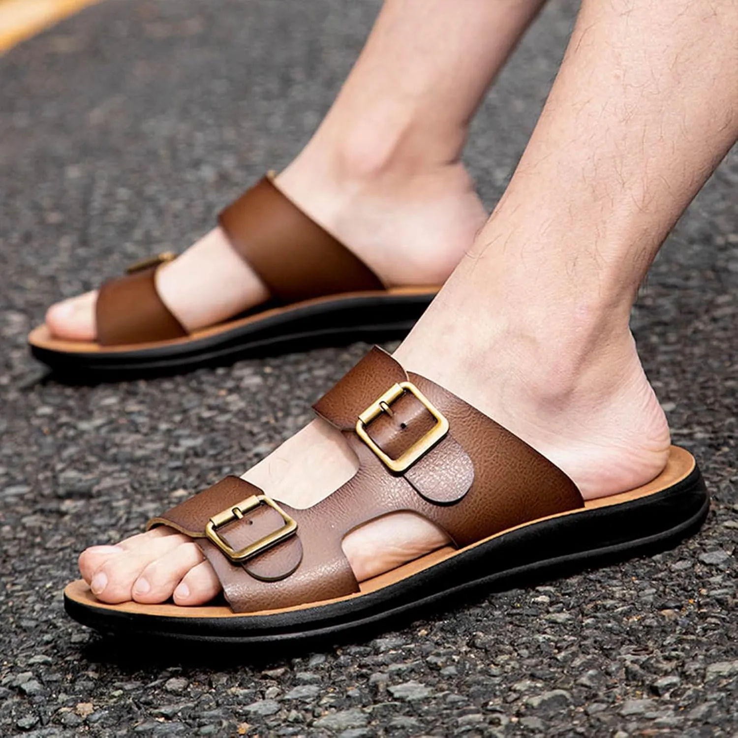 Men's Leather Slip-On Sandals Retro Two-Strap Buckle Design Anti-Slip Sole Comfortable Casual Slides for Walking Beach Indoor & Outdoor