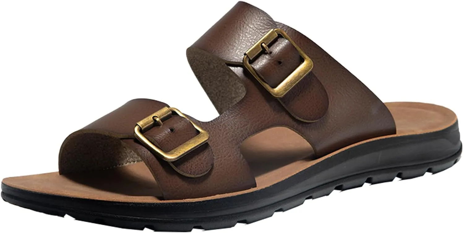 Men's Leather Slip-On Sandals Retro Two-Strap Buckle Design Anti-Slip Sole Comfortable Casual Slides for Walking Beach Indoor & Outdoor