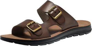 Men's Leather Slip-On Sandals Retro Two-Strap Buckle Design Anti-Slip Sole Comfortable Casual Slides for Walking Beach Indoor & Outdoor