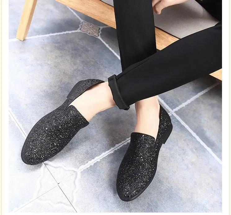Men's Loafers Shoes Pointed Toe Shiny PU Leather Smoking Shoes Lightweight Flat Heel Flexible Walking Outdoor Slip On