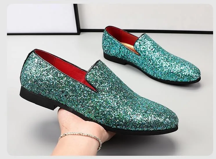 Men's Loafers Shoes Pointed Toe Shiny PU Leather Smoking Shoes Lightweight Flat Heel Flexible Walking Outdoor Slip On