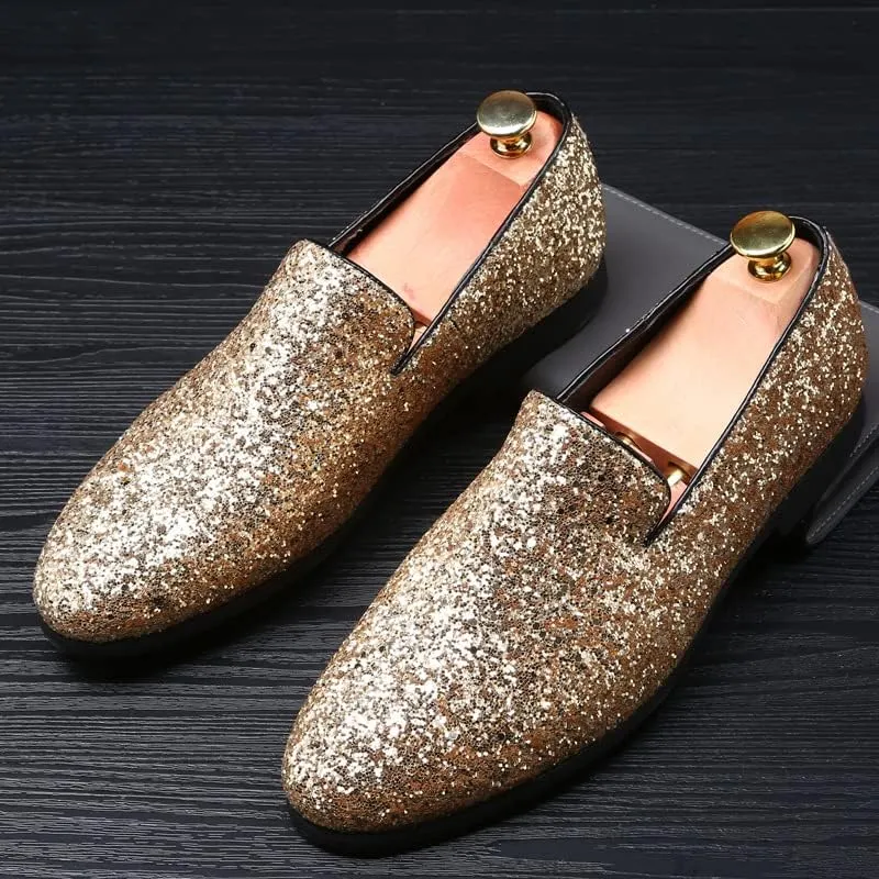 Men's Loafers Shoes Pointed Toe Shiny PU Leather Smoking Shoes Lightweight Flat Heel Flexible Walking Outdoor Slip On