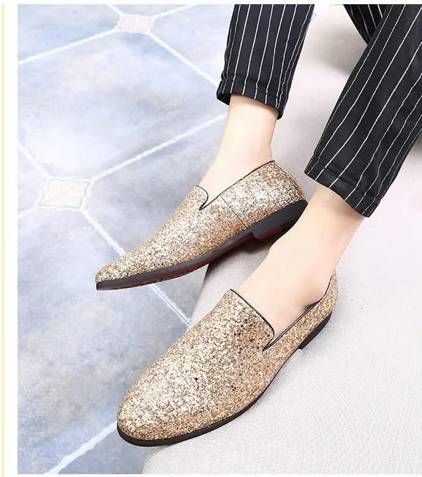 Men's Loafers Shoes Pointed Toe Shiny PU Leather Smoking Shoes Lightweight Flat Heel Flexible Walking Outdoor Slip On