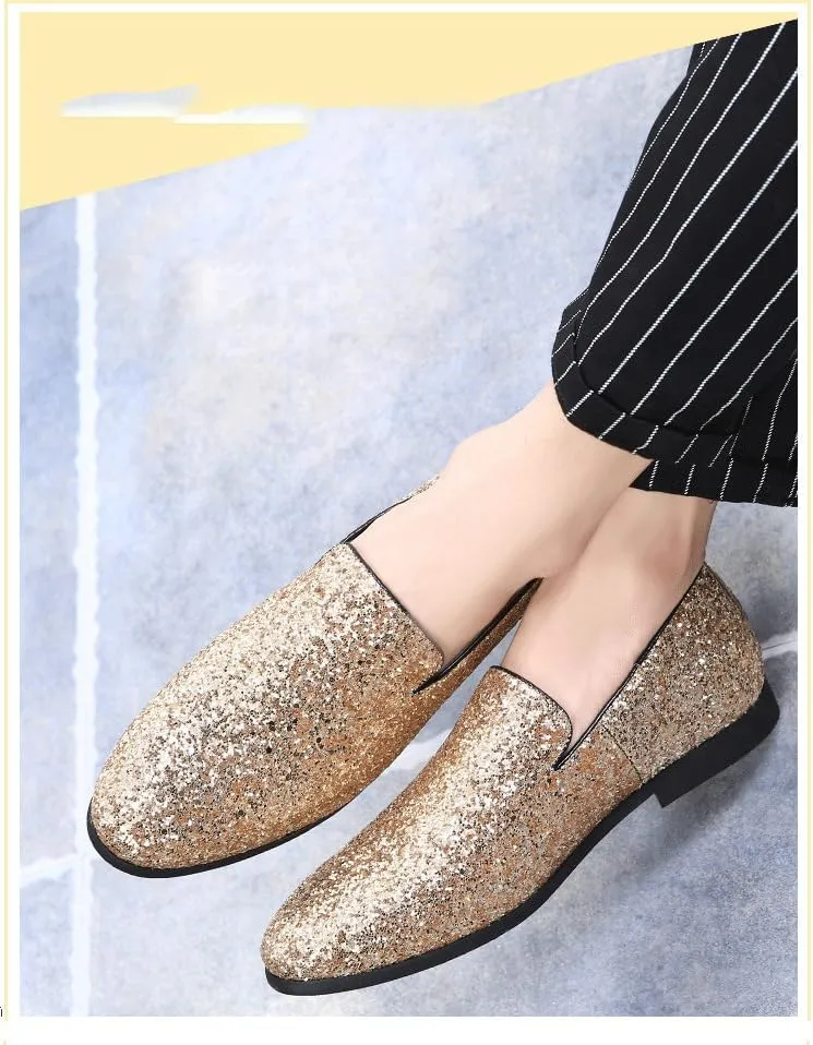 Men's Loafers Shoes Pointed Toe Shiny PU Leather Smoking Shoes Lightweight Flat Heel Flexible Walking Outdoor Slip On