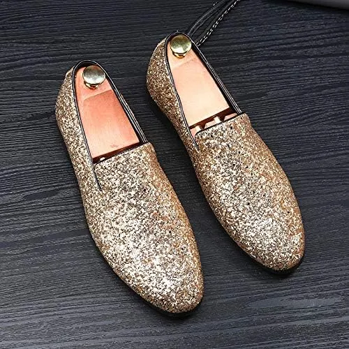 Men's Loafers Shoes Pointed Toe Shiny PU Leather Smoking Shoes Lightweight Flat Heel Flexible Walking Outdoor Slip On