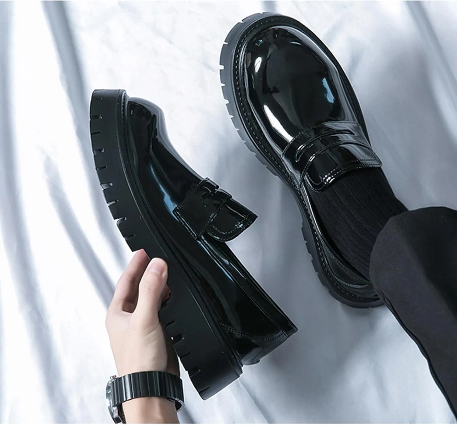 Men's Patent Leather Platform Lug Sole Slip on Penny Loafers Classic Round Toe Chunky Business Casual Formal Dress Derby Shoes