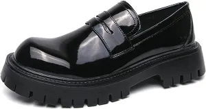 Men's Patent Leather Platform Lug Sole Slip on Penny Loafers Classic Round Toe Chunky Business Casual Formal Dress Derby Shoes