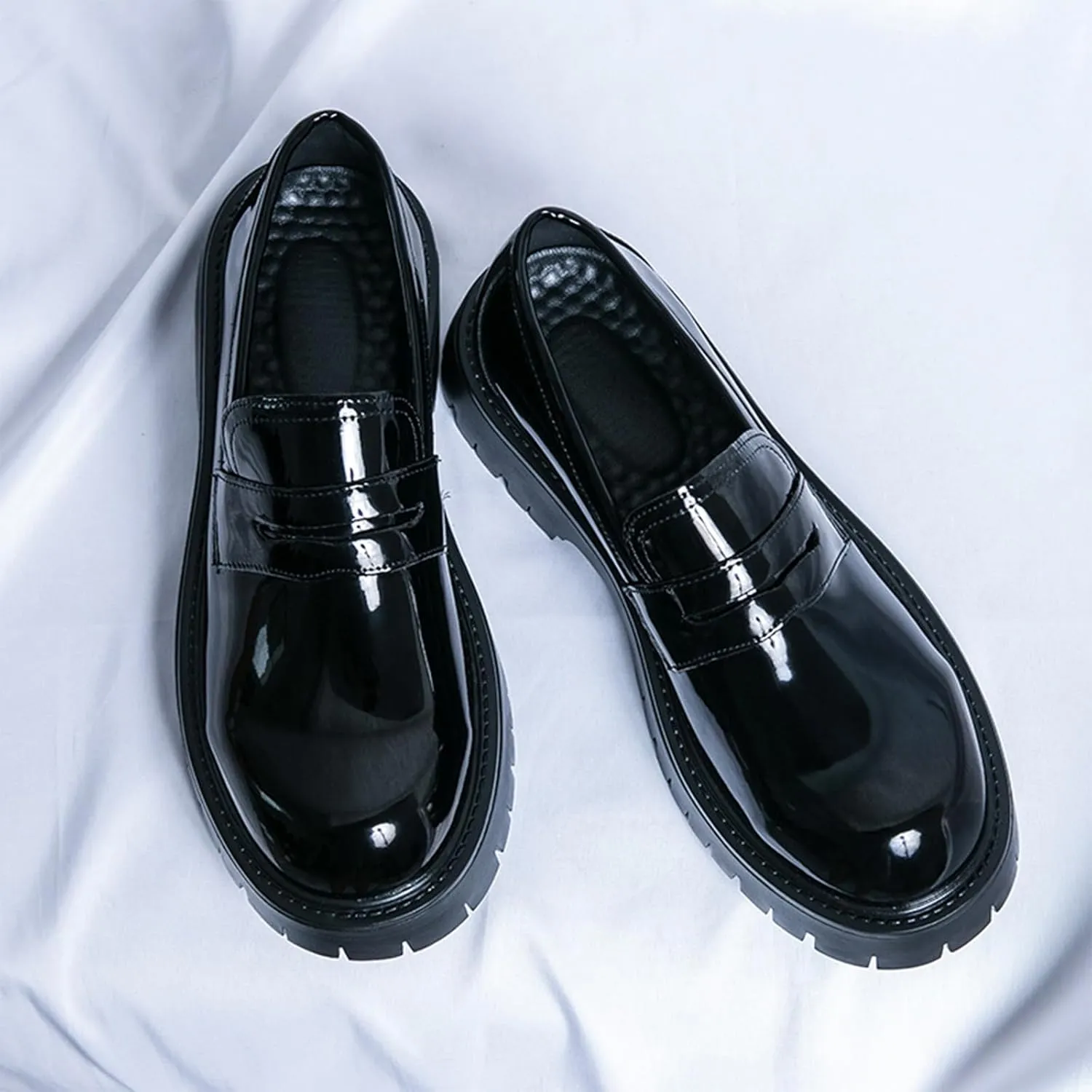 Men's Patent Leather Platform Lug Sole Slip on Penny Loafers Classic Round Toe Chunky Business Casual Formal Dress Derby Shoes