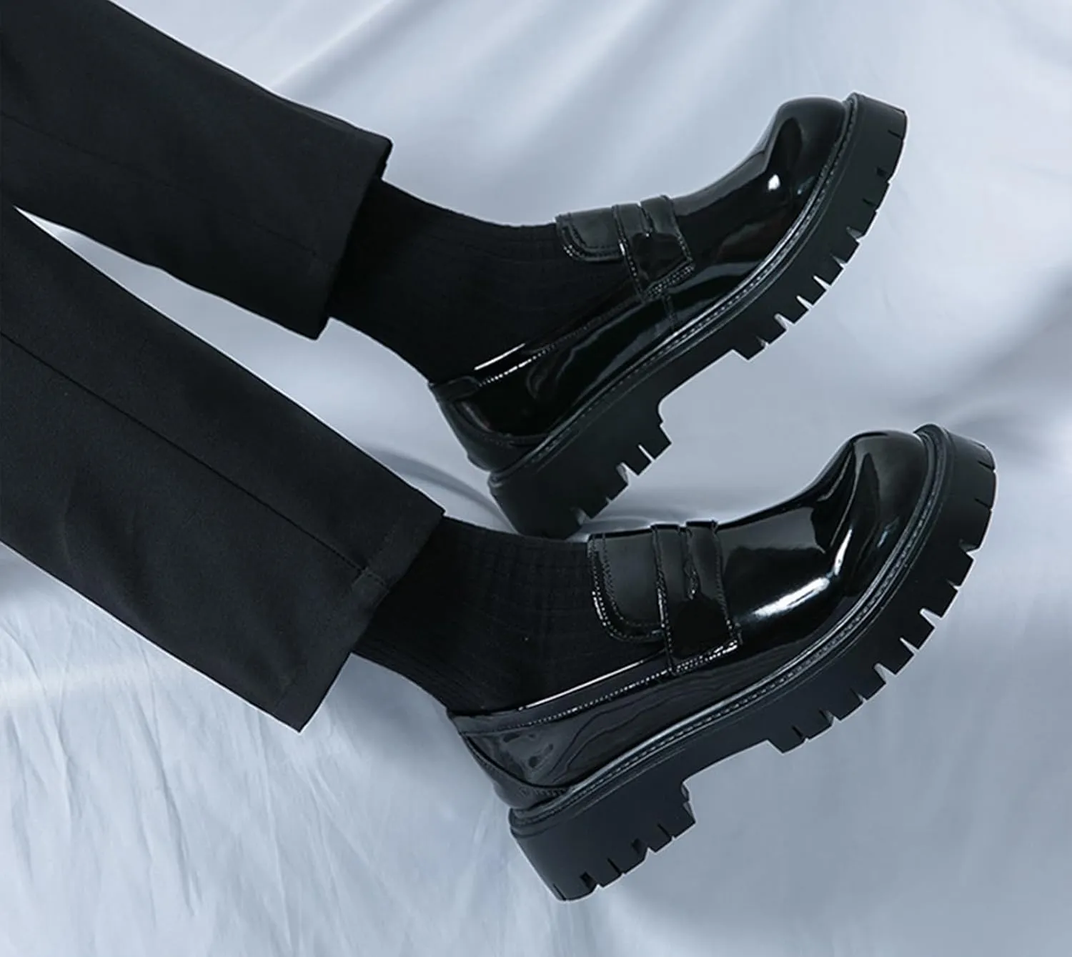 Men's Patent Leather Platform Lug Sole Slip on Penny Loafers Classic Round Toe Chunky Business Casual Formal Dress Derby Shoes